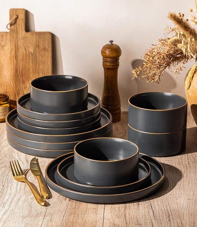 LERATIO Ceramic Dinnerware Sets for 4,Matte Stoneware Plates and Bowls Set, Chip and Crack Resistant | Oven & Dishwasher & Microwave Safe Dishes Set, Service for 4-Ashen Gold Rim