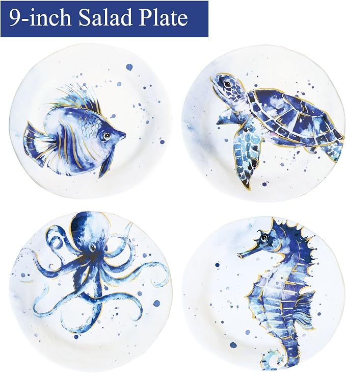 UPware 12 Piece Indigo Sea Life Melamine Dinnerware Sets, Outdoor Dishes Set, Plates and Bowls Sets, Service for 4, Blue