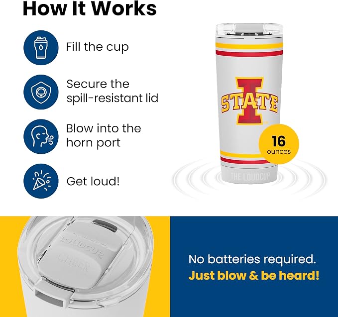 The LoudCup Blow Horn Tumbler, Cheer & Sip 2-in-1 Reusable Water Bottle with Built-In Horn for Sports Games, Tailgates, Parties & Events, BPA-Free, 16 oz, Iowa State University