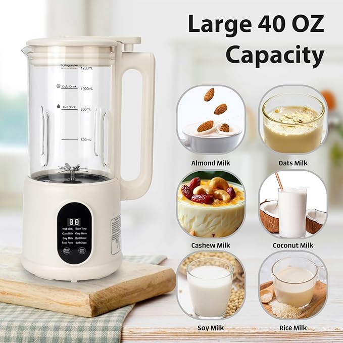 8 in1 Automatic Nut Milk Maker, 40oz Soybean Milk Machine for Homemade Almond, Oat, Soy, Coconut, Plant-Based Milk and Non Dairy Beverages, 12 Hours Timer/Auto-clean/Room Temp/Keep Warm/Boil/Low-Noise