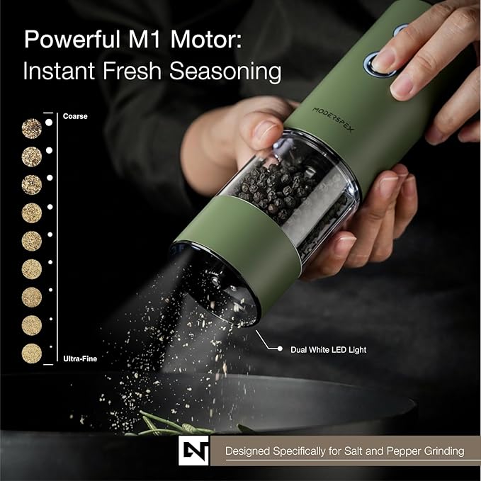 Electric Salt and Pepper Grinder Set USB-C Rechargeable, Dual-Speed Automatic Salt and Pepper Mills with 9 Adjustable Coarseness, Ceramic Burr, LED Light, Refillable, (Sage Green)