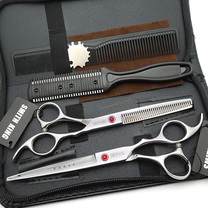 7.0 Inches Hair Cutting Scissors Set with Combs Lether Scissors Case,Hair cutting shears Hair Thinning shears For Personal and Professional (Silver)