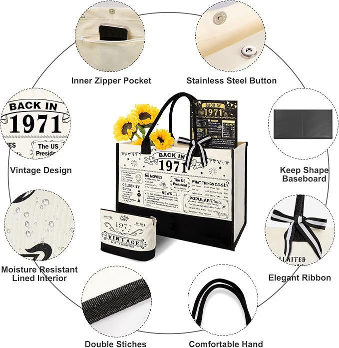 YeohJoy 55th Birthday Gifts for Women Canvas Tote Bag Travel Gear, Unique 55 Years Old Birthday Gifts for Mom Wife Aunt Friends Her, Vintage 1971 Handbag & Cosmetic Bag & Back in 1971 Poster