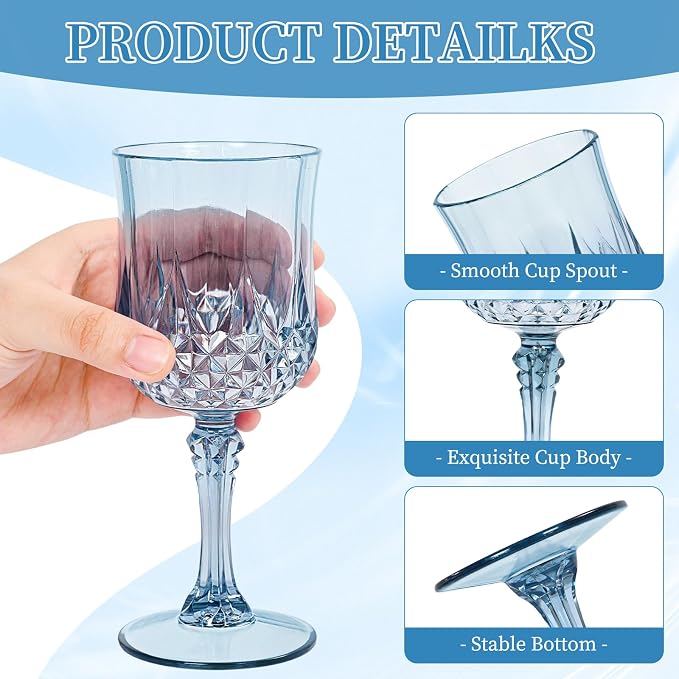 24 Pack Dusty Blue Plastic Wine Glasses, Vintage Plastic Goblets for Parties, Drinking Glasses Unbreakable Glassware Crystal Water Goblets Reusable Drinkware for Wedding Reception Grand Event Party