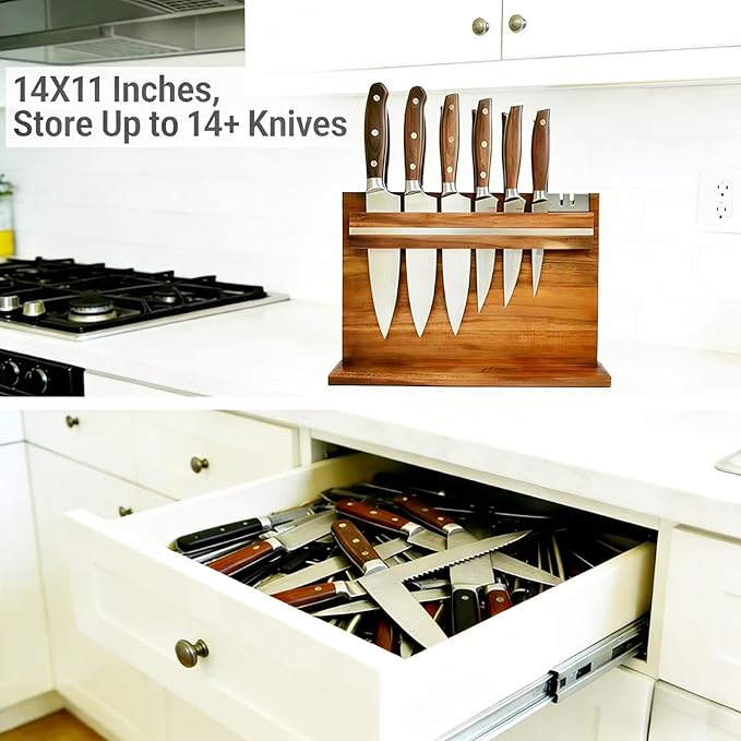 Large Magnetic Knife Holder - 14.5 x 11" Double-Sided Acacia Wood Block with Built-in Sharpener, Holds 14+ Knives, Premium Kitchen Counter Organizer for Professional Chefs