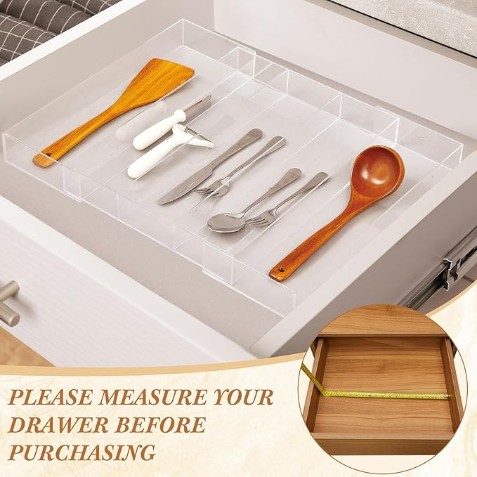 Teenyyou 2 Packs Expandable Kitchen Drawer Organizer Clear Acrylic Utensil Organizer Adjustable Acrylic Silverware Storage for Drawers Silverware Flatware Knives (12 x 16 Inches,3-5 Compartments)
