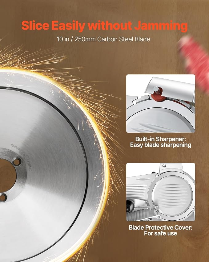 VEVOR Commercial Meat Slicer, 10 inch Electric Food Slicer, 240W Frozen Meat Deli Slicer, Premium Chromium-plated Steel Blade Semi-Auto Meat Slicer For Commercial and Home use | Commercial and Home Use, Premium Chromium-plated Steel Blade Semi-Auto Mac...