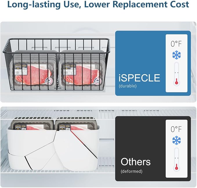iSPECLE Freezer Organizer Bins - 6 Pack Stand Up Freezer Organizers for 16 Cu.Ft Upright Freezer, Storage Baskets for Meat & Veggies, Prevents Items Falling, Slide-Out Access, 3 Large 3 Medium, Black