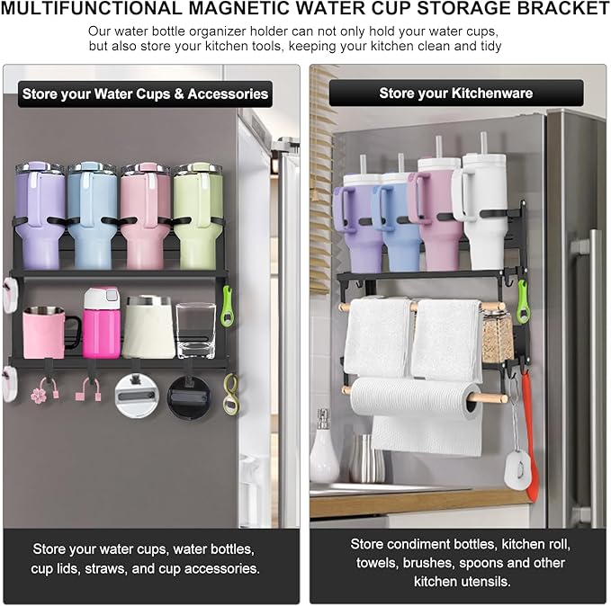 Magnetic Stanley Cup Holder for Refrigerator, Water Bottle Organizer for Stanley 40/30/20 oz Tumbler, Fridge Kitchen Storage Rack with 8 Holders & 2 Wood Rods, Owala/Yeti/Stanley Cup Accessories-Black