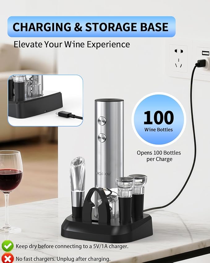 CIRCLE JOY Electric Wine Opener Stainless Steel Rechargeable Automatic Wine Bottle Opener Set 7-in-1 Wine Gifts for Wine Lovers with Charging Base, Foil Cutter, Wine Aerator Pourer & 2 Vacuum Stoppers