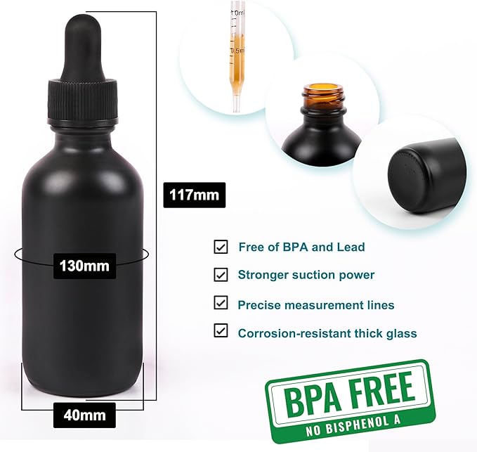 NOOEEISS 2oz Glass Dropper Bottle,Preety Texture Tincture Bottles with Precise Scales Eye Droppe,for All Kinds Of Mixed Liquids,Leak-Proof Design for Easy Travel (Black Frosted-24Pack)