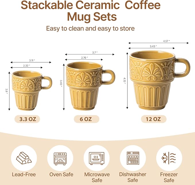 LYEOBOH Small Coffee Mug Set of 6, Stackable Mugs 3.3 OZ Ceramic Espresso Cups, Microwave & Dishwasher Safe Coffee Mugs Cups for Coffee Tea Cocoa, Modern Design for Home Kitchen, Housewarming, Khaki