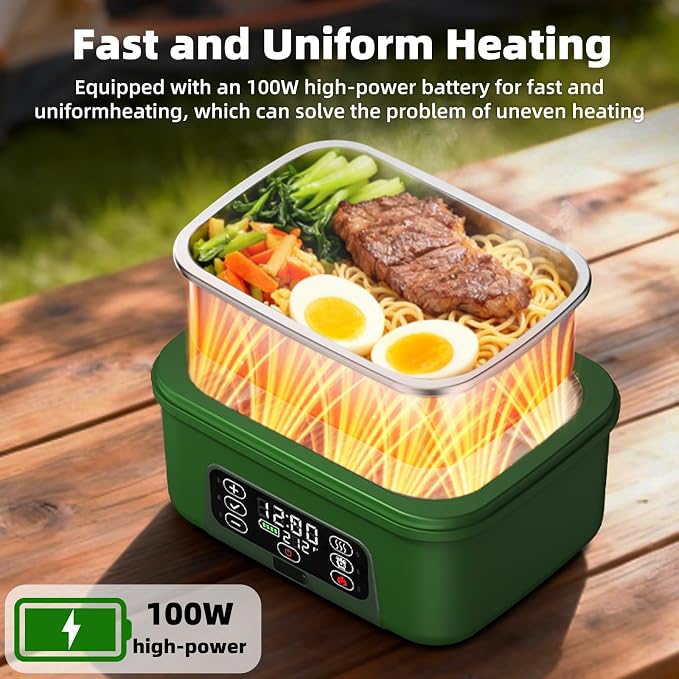 XL 6.3-Cups Cordless Electric Heated Lunch Box for Adults, Rechargeable Battery Powered Smart Self Heating Lunchbox for Men Women, 100W Food Warmer for Trucks Driver Travel Office Worker