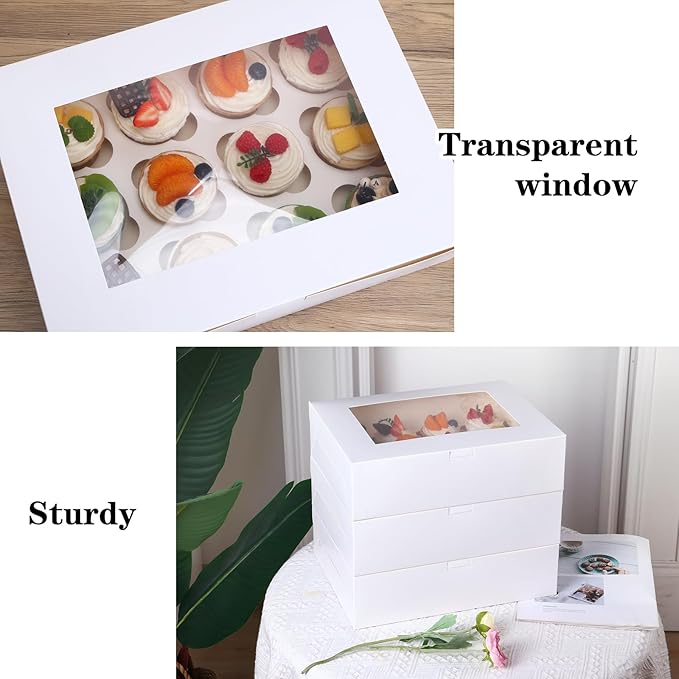 Moretoes 60PCS Cupcake Boxes with Window,Hold 12 Count Graduation Cupcake Containers for Grad Party Dessert Packaging (White)