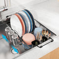 iSPECLE Small Sink Dish Drying Rack with Cup Holder, Expandable Rust Resistant Dish Drainer for RV Kitchen, Dish Rack with Tightening Knob, Arms with Non Slip Rubber, Black