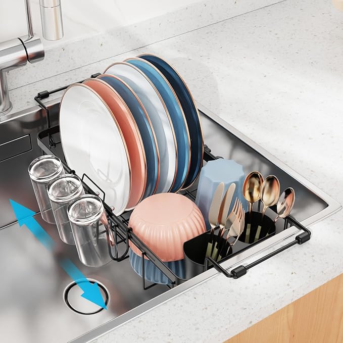 iSPECLE Small Sink Dish Drying Rack with Cup Holder, Expandable Rust Resistant Dish Drainer for RV Kitchen, Dish Rack with Tightening Knob, Arms with Non Slip Rubber, Black