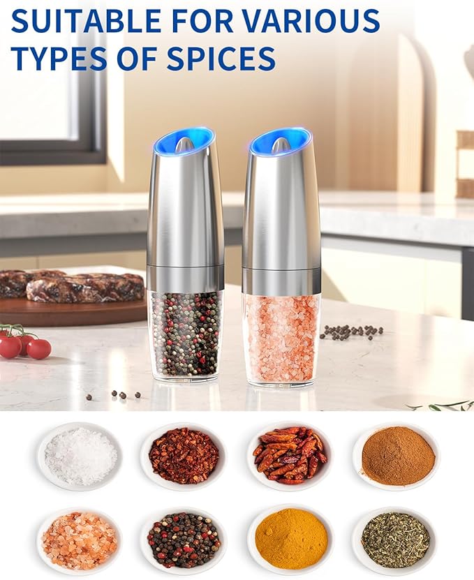 CIRCLE JOY Gravity Electric Salt and Pepper Grinder Set Stainless Steel Automatic Salt and Pepper Grinder Set, Battery Operated, LED Light, Adjustable Coarseness, for Home Kitchen BBQ, Silver