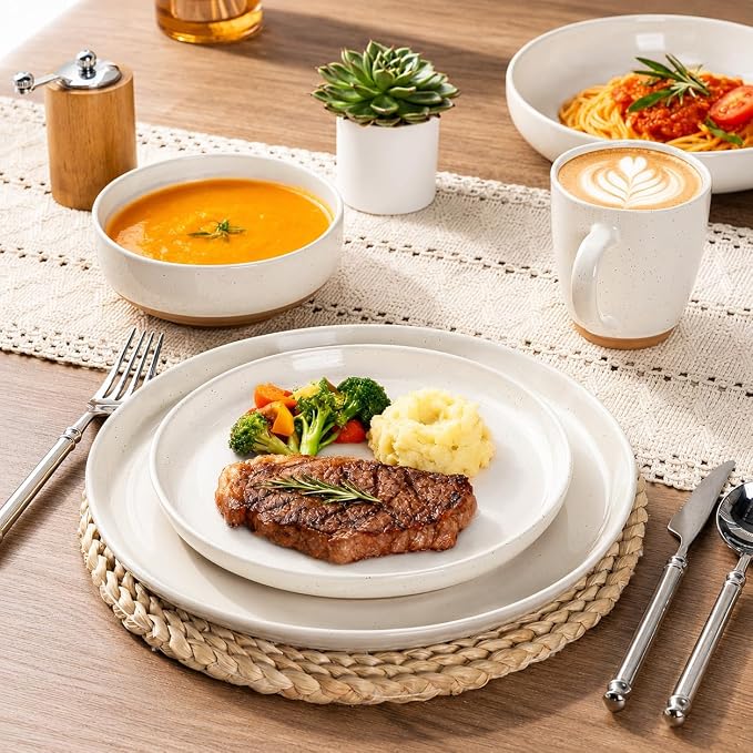 GBHOME 24-Piece Ceramic Dinnerware Set for 6, Handpainted Plates, Pasta Bowls & Bowls Set with Rustic Terracotta Underside, Scratch-Resistant, Dishwasher & Microwave Safe,Speckled Glaze Beige