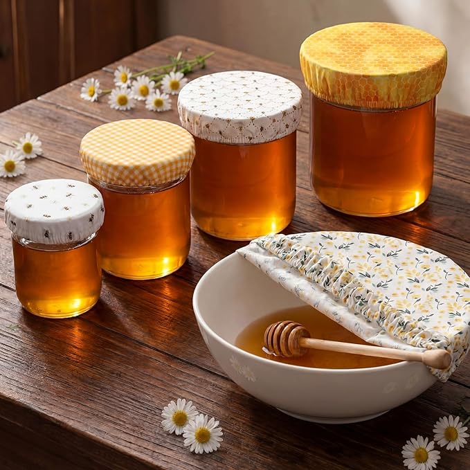 Patelai 10 Pcs Bowl Covers Reusable in 5 Size Stretch Cloth Fabric Elastic Food Storage Bowl Covers Bread Sourdough Lids for Proofing Food Fruits Leftover (Yellow, White,Bee Style)