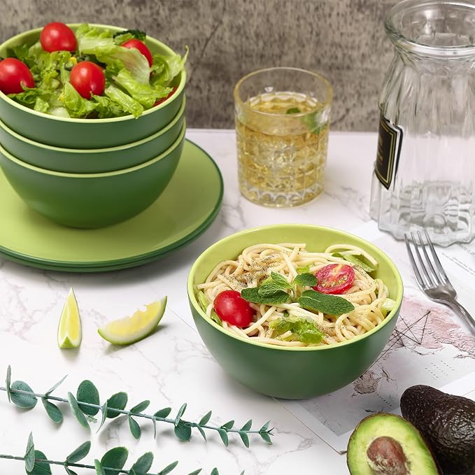 TP 12-Piece Melamine Dinnerware Sets, Plates and Bowls Dishes Set for 4, Break-Resistant & Non-Microwavable, Lightweight Dinner Plates, Avocado Green