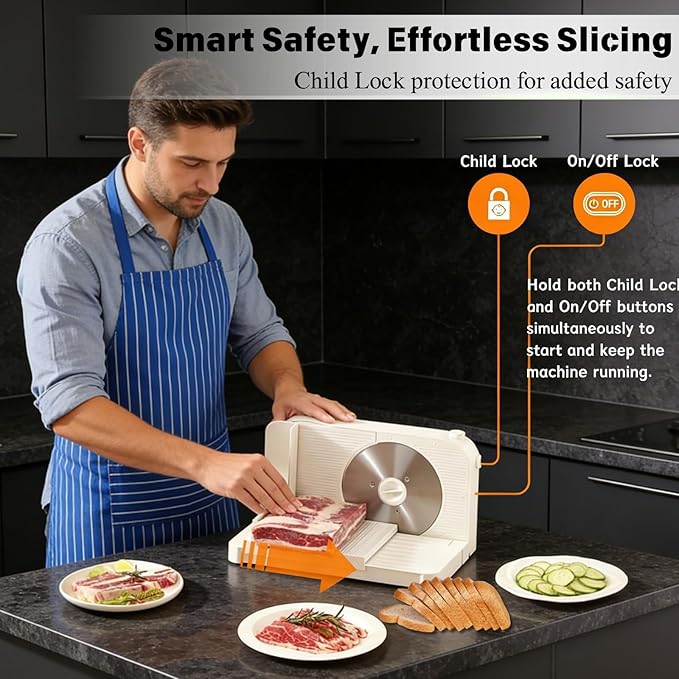 Meat Slicer for Home, 150W Foldable Deli Meat Slicer with 6.7'' Blade, Child Lock Protect Electric Bread Slicer, Adjustable Thickness Portable Food Cutter Machine for Spam Breads Meat (White)