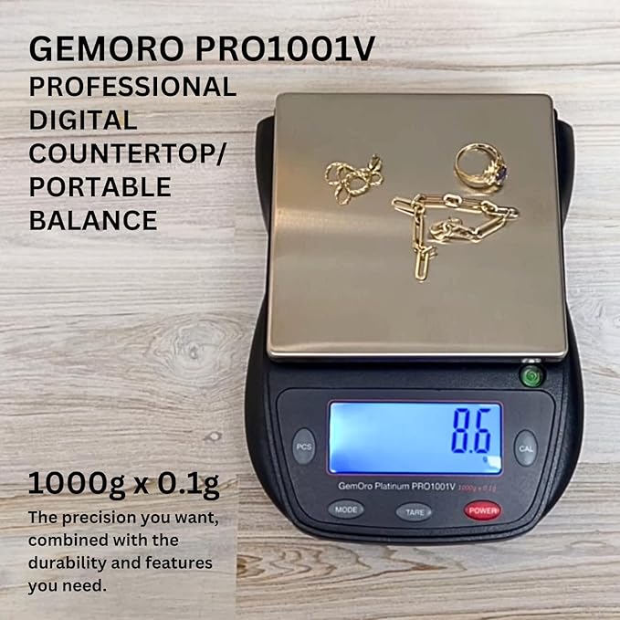 GemOro Platinum PRO1001V | Durable Precise Jewelers Countertop Portable Scale | Digital Precision Tool with Expert Professional Reading & Accuracy 1000g x 0.1g Readability (Black)