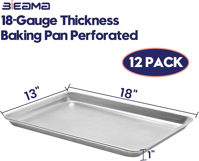 BIEAMA 12 Pack Perforated Half Size 18" x 13" Baking Sheet Pan | Aluminum Commercial Bakery Equipment Cookie Sheets, NSF Approved Baking Tray