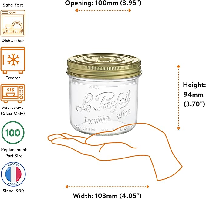 Le Parfait Familia Wiss 16oz (500ml) Wide Mouth Glass Canning Jars – 4PK Made in France, Airtight 2-Piece Lid, Reusable Zero Waste & Eco-Friendly for Kitchen Storage, Meal Prep, Fermentation & Baking