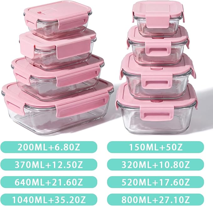 8 Pack Glass Meal Prep Containers with Lids, Glass Food Storage Containers with Snap Locking Lids, Airtight Lunch Containers for Microwave, Oven, Freezer and Dishwasher BPA Free (Pink)