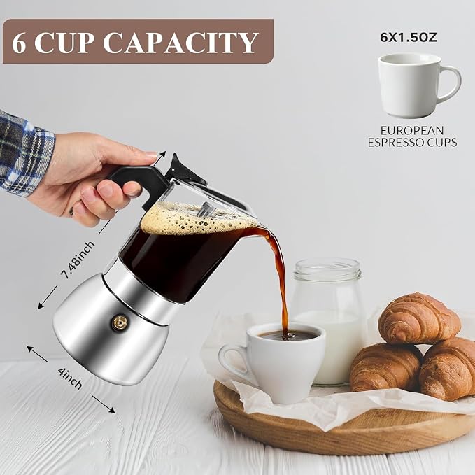 Moka Pot Stovetop Espresso Maker, Crystal Glass Top 304 Stainless Steel Coffee Brewer, 300ml 6-Cup Italian Coffee Pot for Gas Stove Home Kitchen & Camping