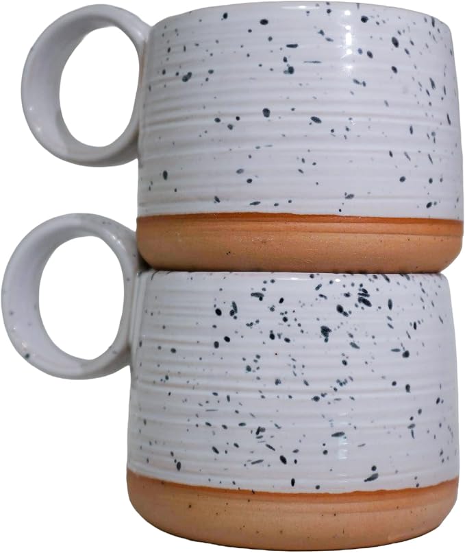 Bossa Stoneware Ceramic Cappuccino Cup 8oz White Set of 2 | Handcrafted Specialty Coffee Mug with Glazed Glossy Finish, Raw Unglazed Base & Large Handle | Microwave & Dishwasher Safe