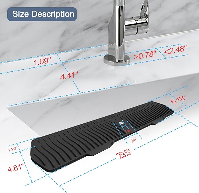 Faucet Guard - 90 Foldable Draining Mat for Kitchen & Bathroom Sink with 2 Drain Ports (Black, 29.9"*5.9")