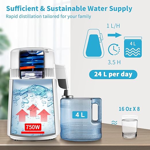VEVOR 1.1Gal Water Distiller, 0.3Gal/H, Distilled Water Maker Machine 750W 0-99H Timing Set Temp Display, 304 Stainless Steel Countertop Distiller Plastic Carafe Cleaning Powder 3 Carbon Packs, White