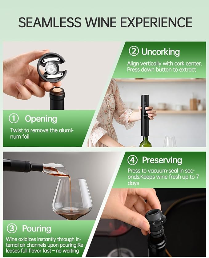 CIRCLE JOY Rechargeable Wine Opener Electric Wine Bottle Opener 7-in-1 Wine Gift Set with Electric Vacuum Pump, Charging Station, Foil Cutter, Wine Aerator Pourer and 2 Wine Stoppers