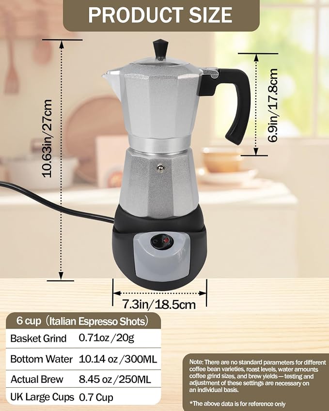 Electric Moka Pot with Detachable Base Aluminum Electric Espresso Maker 10oz 6 Cup 300ml Silver Espresso Coffee Maker Italian Coffee Stovetop Espresso Maker Kitchen Home 110V