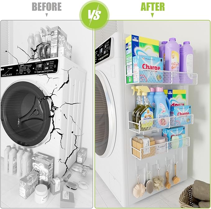 4 Pack Magnetic Shelves for Washing Machine, Heavy-Duty Magnetic Laundry Organizer with Hooks, Washing Machine Shelf for Refrigerator, Metal Storage Baskets, Closet & Laundry Room Organization(White)