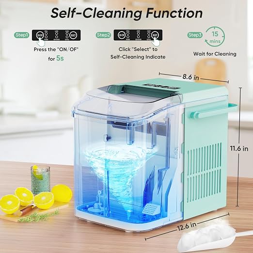 DUMOS Countertop Ice Maker with Handle, 26lbs/24H Portable Ice Machine, 9 Bullet Cubes Ready in 6 Mins, Self-Cleaning, Quiet Compact for Home, Kitchen, RV, Camping, Bright Green