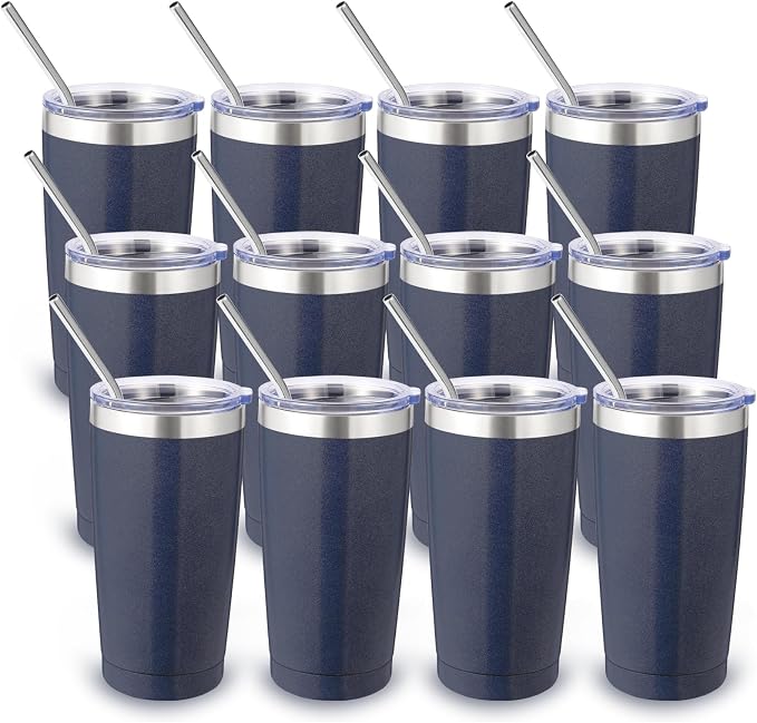 Volhoply 20oz Stainless Steel Tumbler with Lid and Straw Bulk 12 Pack,Double Wall Insulated Travel Iced Coffee Mug Fits Cup Holder,Powder Coated Cups for Hot/Cold Drinks,Christmas Gifts（Navy,12 Set）