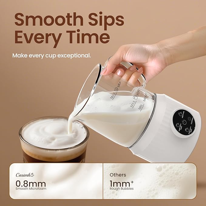 Casimhu 4-in-1 Milk Frother, Electric Milk Frother and Steamer with LED Touch Screen, Ceramic Lining Bottom, Milk Warmer 13.52oz for Lattes, Cappuccinos, and Macchiatos at Home (Cream White)