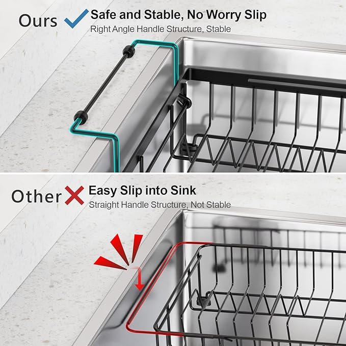 iSPECLE Expandable Dish Drying Rack with Silicone Mat for Kitchen Sink or Counter, Heavy Duty Adjustable Over Sink Dish Drainer with Square Corners, Fit for Modern Single & Double Sinks, Black