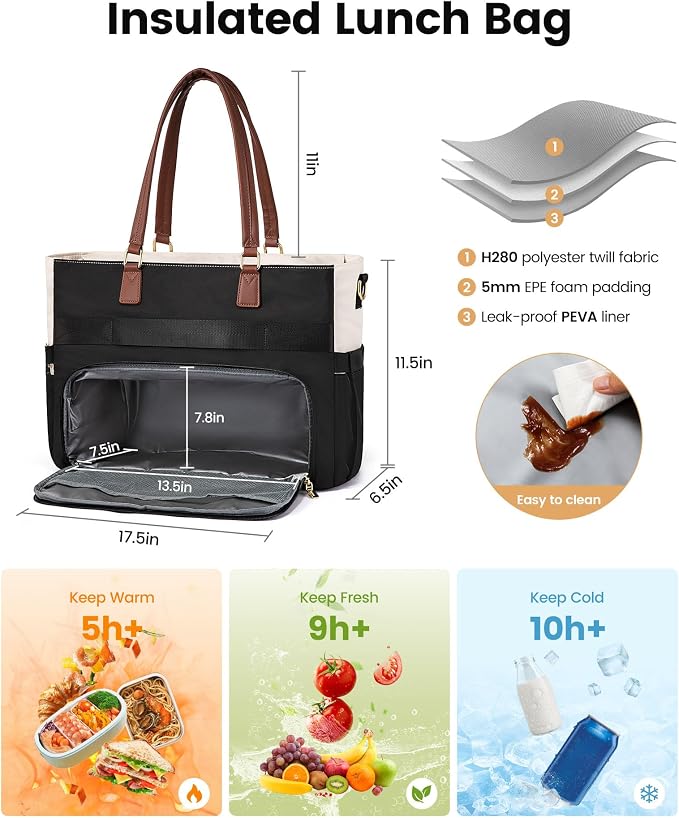 LOVEVOOK Lunch Tote Bag for Women, Insulated Lunch Bag with Laptop Compartment, Large Capacity Teacher Nurse Bag for Work Daily with Large Cup Holder Water Resistant, Coffee-Apricot-Black, 15.6 Inch