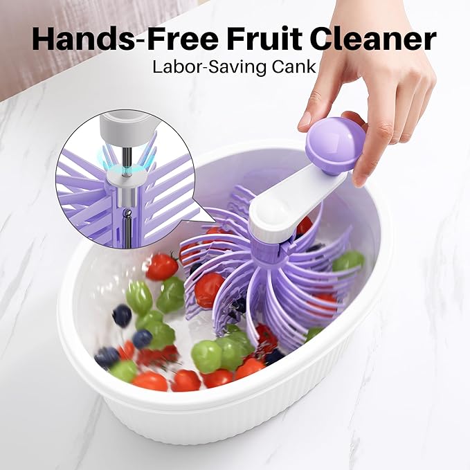 JOYMOOP Fruit Washer Spinner, Fruit Cleaner Spinner with Crank Handle, Hands-Free Fruit & Vegetable Washing Bowl, Manual Fruit Scrubber, No Electricity, Light Lavender