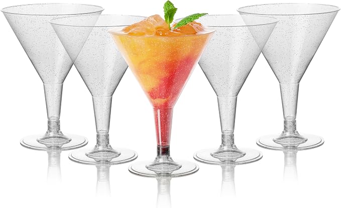 MATANA 48 Silver Gitter Plastic Martini Cocktail Glasses 7 oz - Elegant & Reusable - Manhattan, Margarita, Cosmopolitan, Desserts - Weddings, Birthdays, Parties