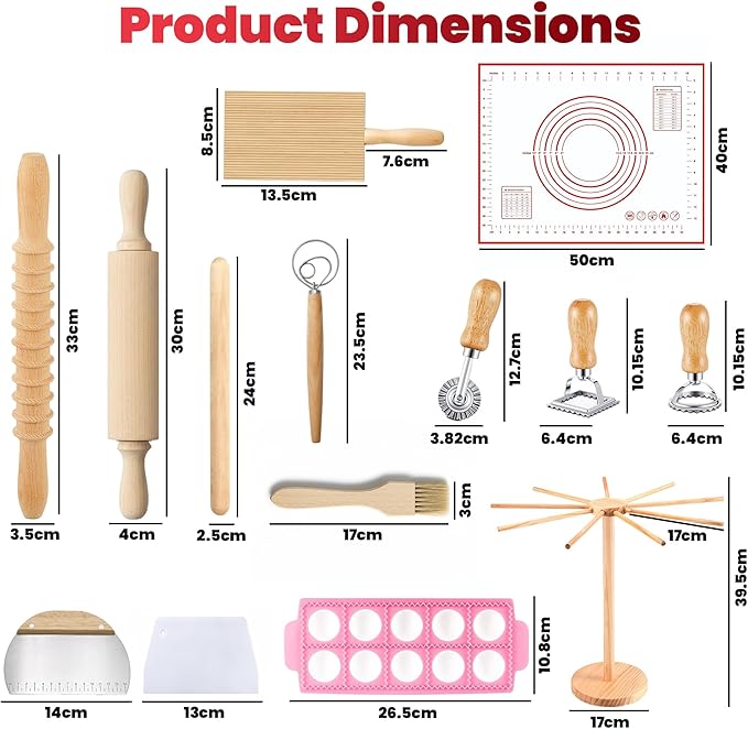 Pasta Making Tools Set 14 PCS, Pasta Maker Kit with Drying Rack, Ravioli Maker Press, Pasta Cutting Tools, Beech Wood Rolling Pins, Gnocchi Board, Homemade Pasta Accessories Set