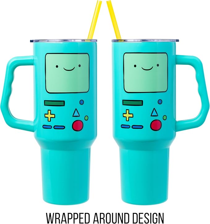 Silver Buffalo Adventure Time Featuring BMO Double Walled Stainless Steel Tumbler with Handle and Straw, Fits in Standard Cup Holder, 40 Ounces
