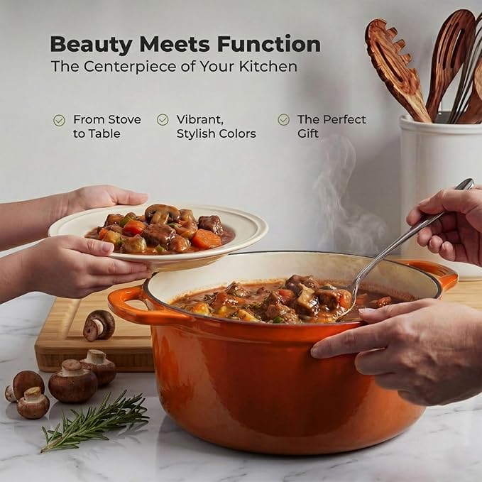 Zulay Kitchen 5 Quart Enameled Cast Iron Dutch Oven Pot with Lid – Premium Durability & Oven Safe up to 500°F – Heavy Duty Cookware Perfect for Bread Baking, Stews, Braising & Roasting – Orange