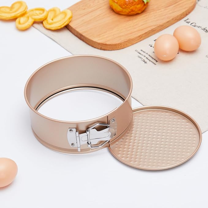Funnymoom 4 Pcs 6 Inch Non Stick Springform Pan with Removable Bottom Carbon Steel Round Springform Cheesecake Pan with Stainless Steel Spring Buckles for Baking Kitchens Restaurant(Champagne Gold)