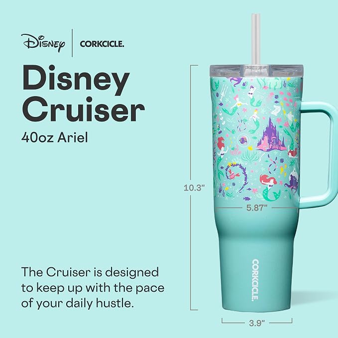 Corkcicle Cruiser Insulated Tumbler with Handle & Straw - Keeps Beverages Cold 20 Hours - Triple Insulated - Summer Drinkware Gift - Keeps Drinks Ice Cold - 40 oz - Princess Ariel