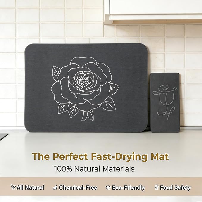 Stone Dish Drying Mat for Kitchen Counter, Glittery Resin Rose Pattern Quick Drying Mat, Water Absorbing Diatomaceous Pad for Plate Bottle Utensil Rack,Space Saving (Silver & Grey 16"×12" & 8"×4")