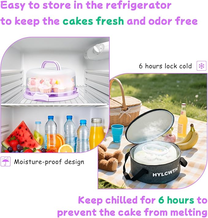 Cake Carrier With Lid And Handle, Bpa-Free Cake Holder With Lid For 10 Inch Round Cake Carrier With 10 pcs Round Golden Cake Boards And Portable Insulated Bag（Purple）